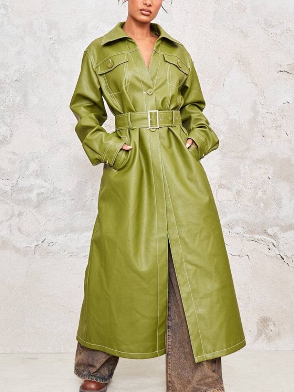 Olive Green Faux Leather Trench US Size 10